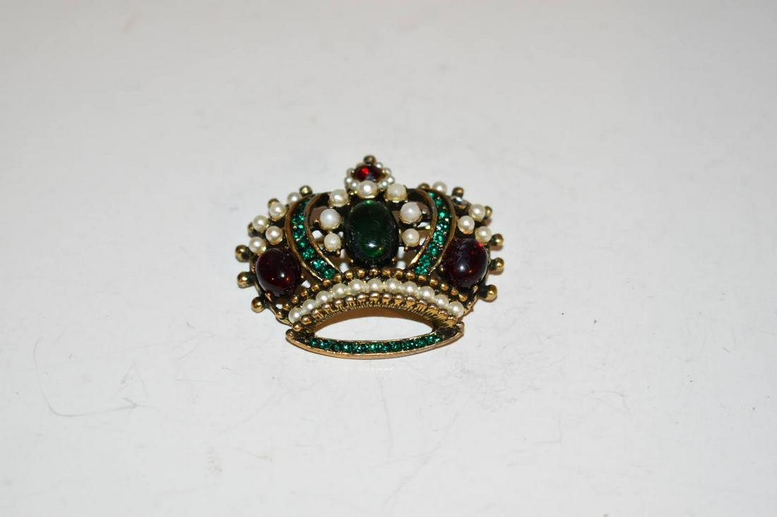 RARE Vintage Signed Weiss Rhinestone Brooch Pin Jewelry King's Crown Ruby Gold (1 of 3)