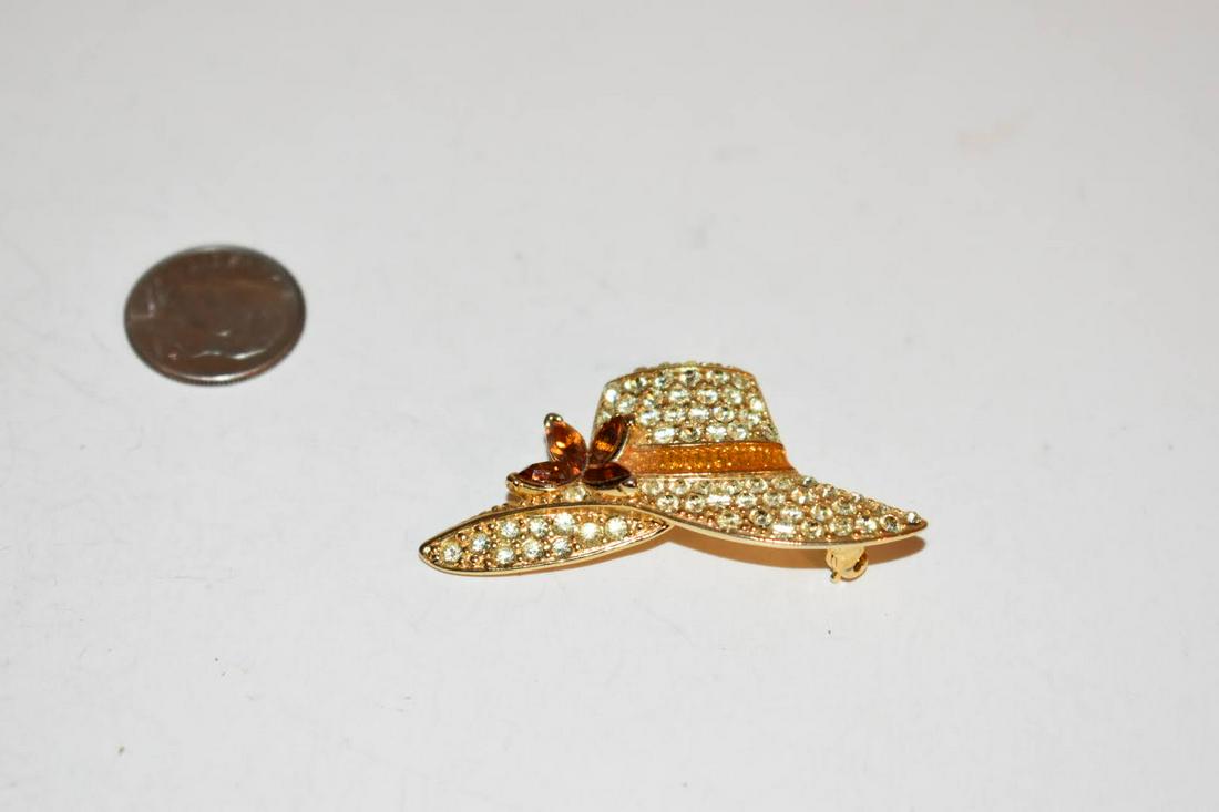 Vintage MONET SIGNED Gold Tone Pin Brooch Rhinestones Charming Hat Motif (1 of 3)