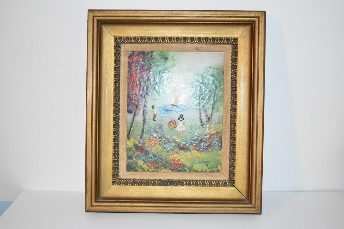 Signed Louis Cardin Enamel on Copper Painting Framed Girl w/ Flowers 16 x 15 (1 of 4)