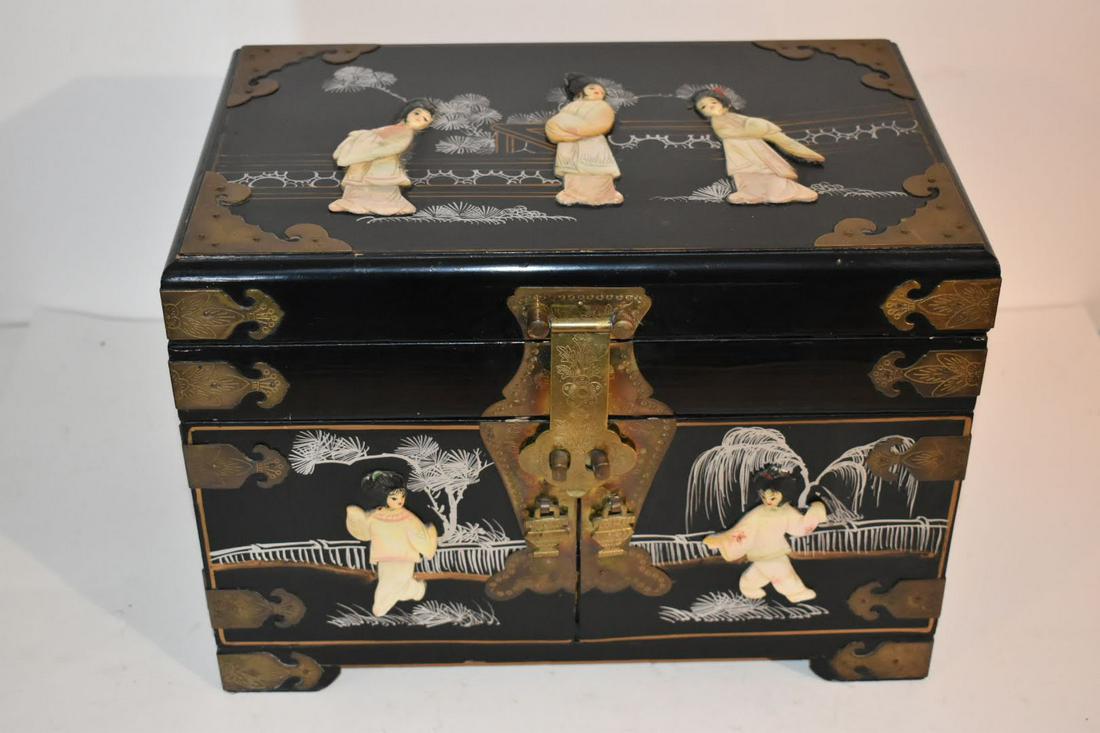 Large Vintage Oriental full Jewelry Box Mother of pearl hand painted with Ornate Brass Detail 14 x (1 of 12)