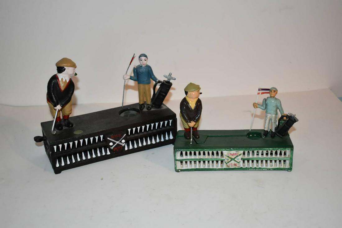 2 Cast Iron Mechanical Change Bank Golfer Golf Golfing Piggy Coin Vintage (1 of 5)