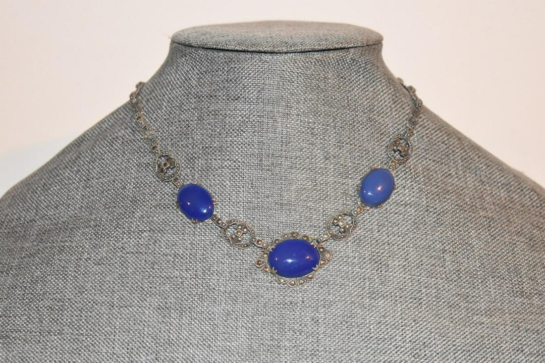 Vintage Sterling Silver Marcasite Blue Stone Necklace 14": Vintage Sterling Silver Marcasite Blue Stone Necklace 14" Please view all photos as they are part of the description and condition of this Item, Feel free to contact me with questions or picture reque