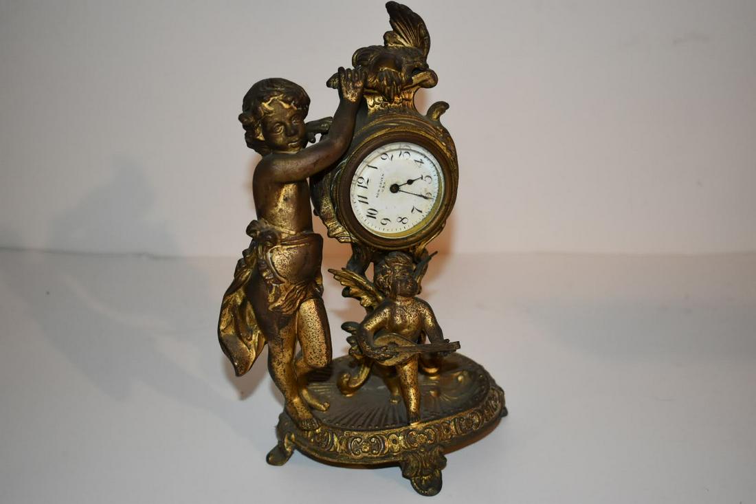 antique new haven mantel clock cherub playing violin gilted metal untested (1 of 4)