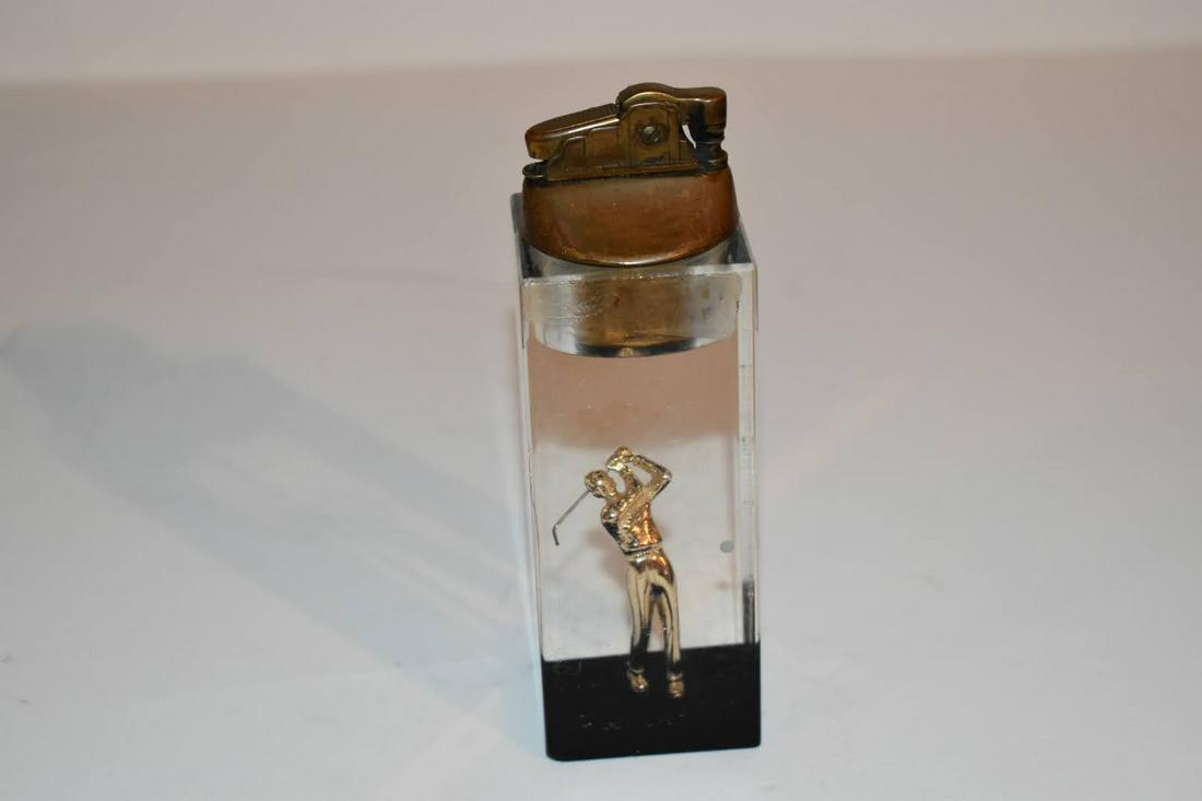 Vintage Mid Century Clear Lucite Table Lighter Brass 1950's Golfer (1 of 5)