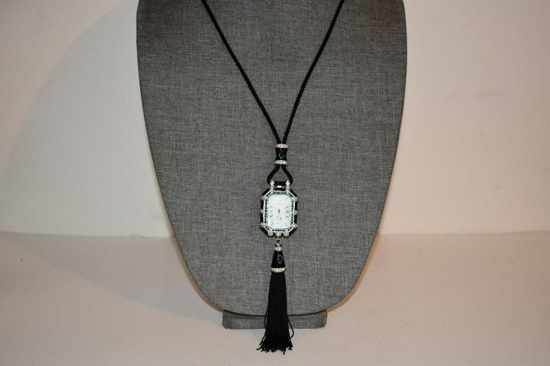 Vintage Rhinestone Enameled Pendant Watch Necklace Quartz 30 inch (1 of 6)