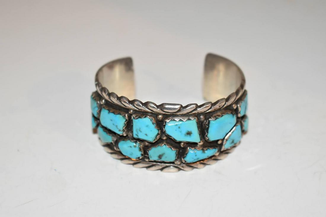 Vintage ZUNI Stamped Sterling Silver Turquoise Cluster Cuff BRACELET Wayne C. 6 to 7 (1 of 4)