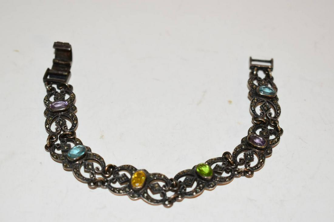 Vintage Marcasite Colorful Stone Sterling Silver Bracelet 7 inch: Vintage Marcasite Colorful Stone Sterling Silver Bracelet 7 inch Please view all photos as they are part of the description and condition of this Item, Feel free to contact me with questions or pictur