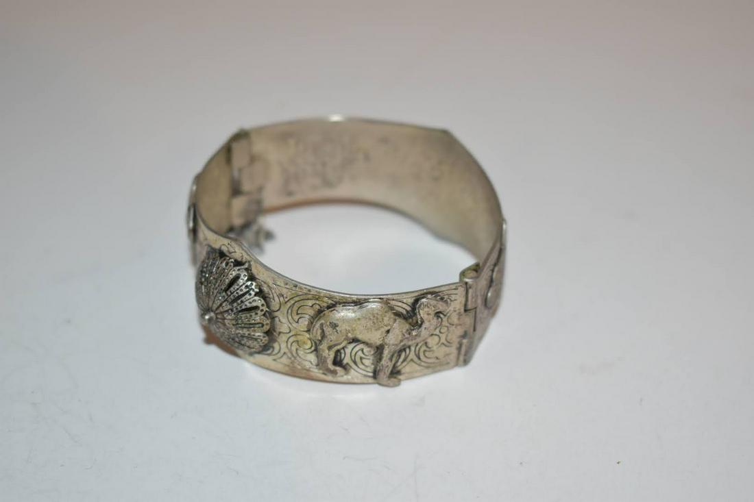 Vintage Egyptian Themed Silver Tone Bangle Bracelet -Hamsa Hands Camels Rosettes 7 inches (1 of 4)