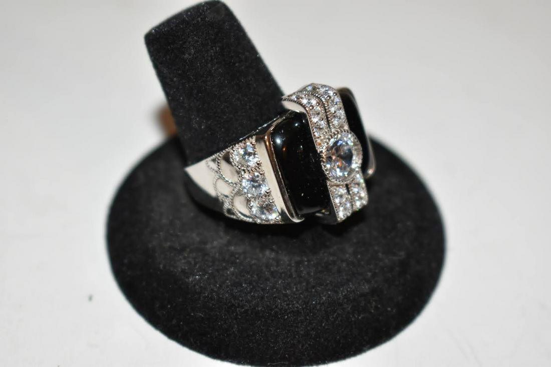 Vintage Sterling Silver Onyx Rhinestone Ring 10 inch (1 of 4)