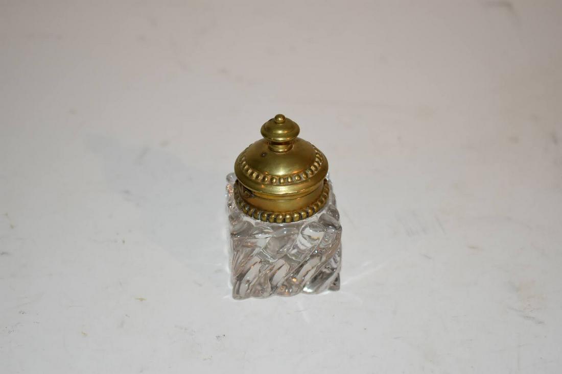 Vintage Antique Style Solid Clear Square Thick Glass Inkwell w/Hinged Brass Lid: Vintage Antique Style Solid Clear Square Thick Glass Inkwell w/Hinged Brass Lid Please view all photos as they are part of the description and condition of this Item, Feel free to contact me with ques