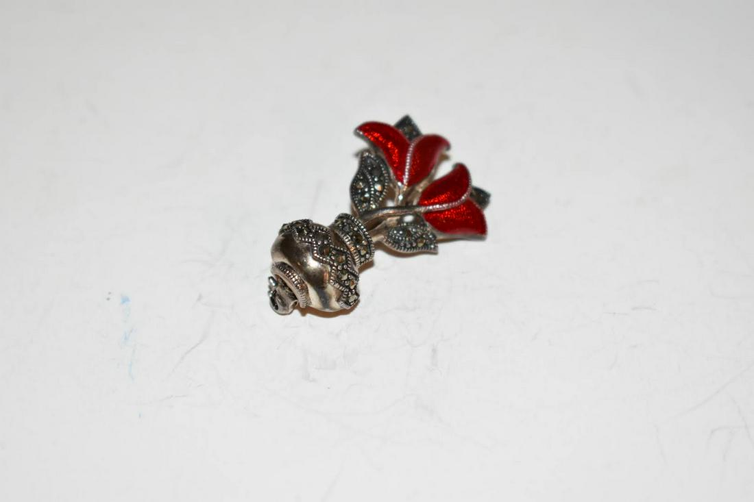 Vintage Sterling Silver Enamel Marcasite Flower Brooch: Vintage Sterling Silver Enamel Marcasite Flower Brooch Please view all photos as they are part of the description and condition of this Item, Feel free to contact me with questions or picture requests