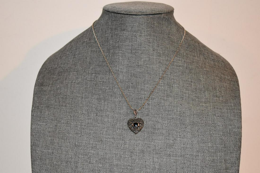 Vintage Sterling Silver heart marcasite onyx necklace 18 in: Vintage Sterling Silver heart marcasite onyx necklace 18 in Please view all photos as they are part of the description and condition of this Item, Feel free to contact me with questions or picture req