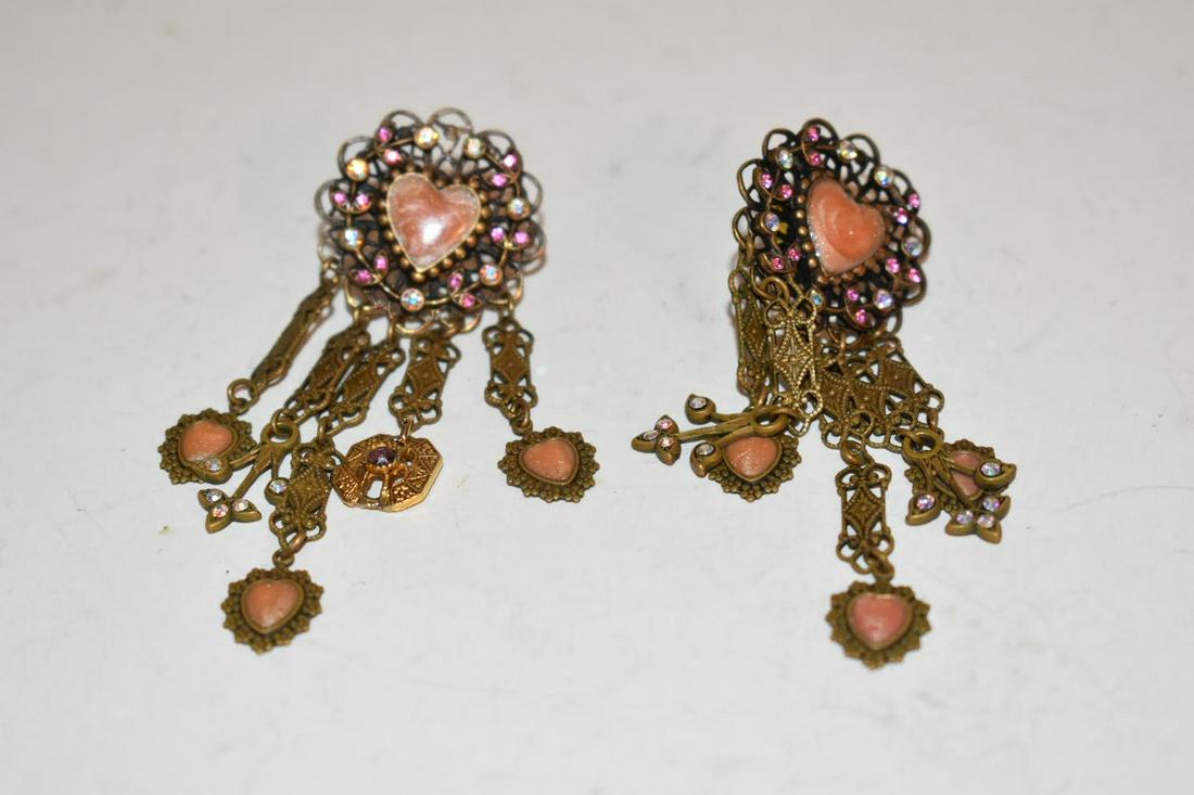 FLORENZA Signed Vintage Earrings Rhinestone Enamel Gold Tone Dangle pierced (1 of 3)