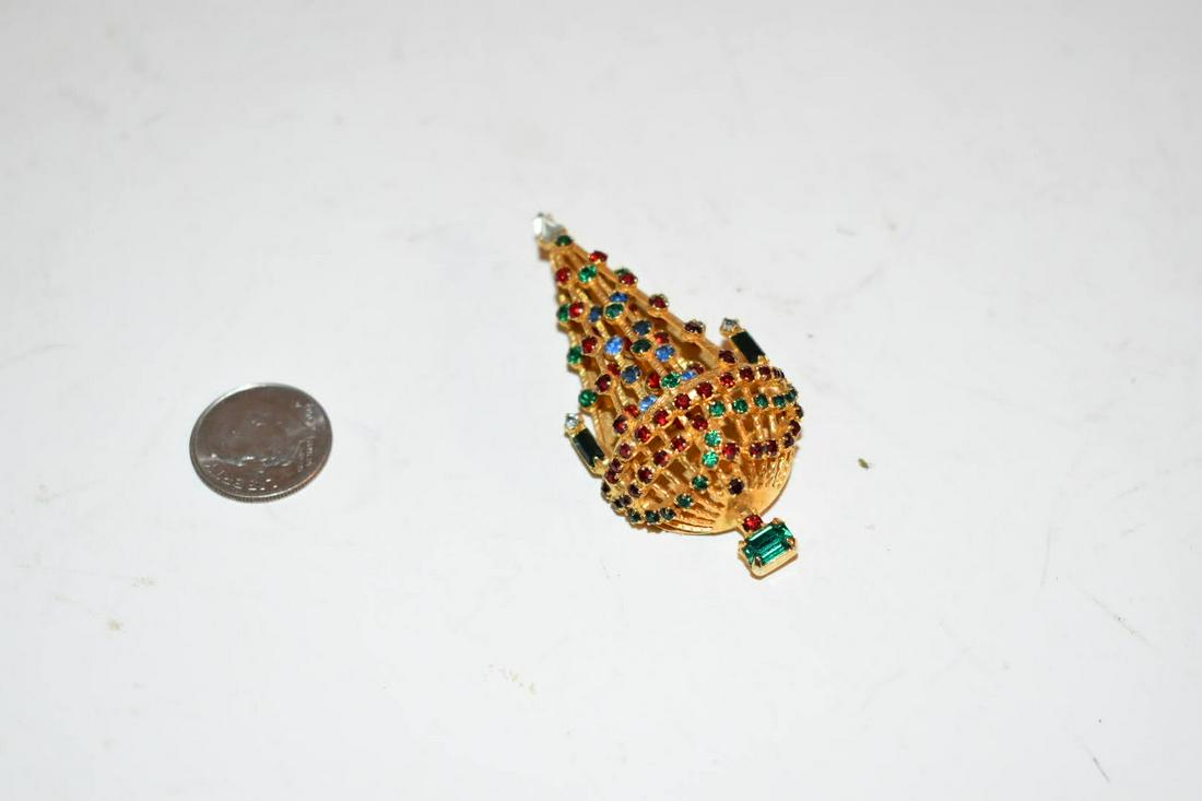 Joseph Warner Vintage Christmas Tree Rhinestone Brooch. Marked. (1 of 4)