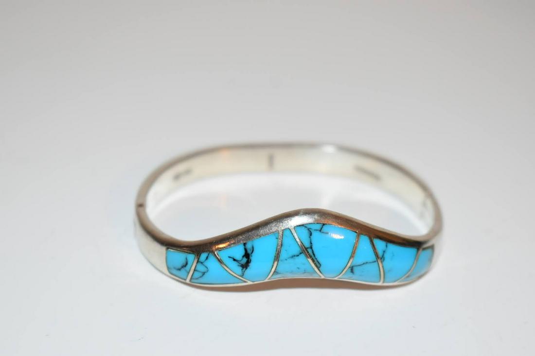 Vintage Mexican Taxco Tn-50 950 Sterling Turquoise Inlay Bracelet 7" hinged 40 grams (1 of 4)