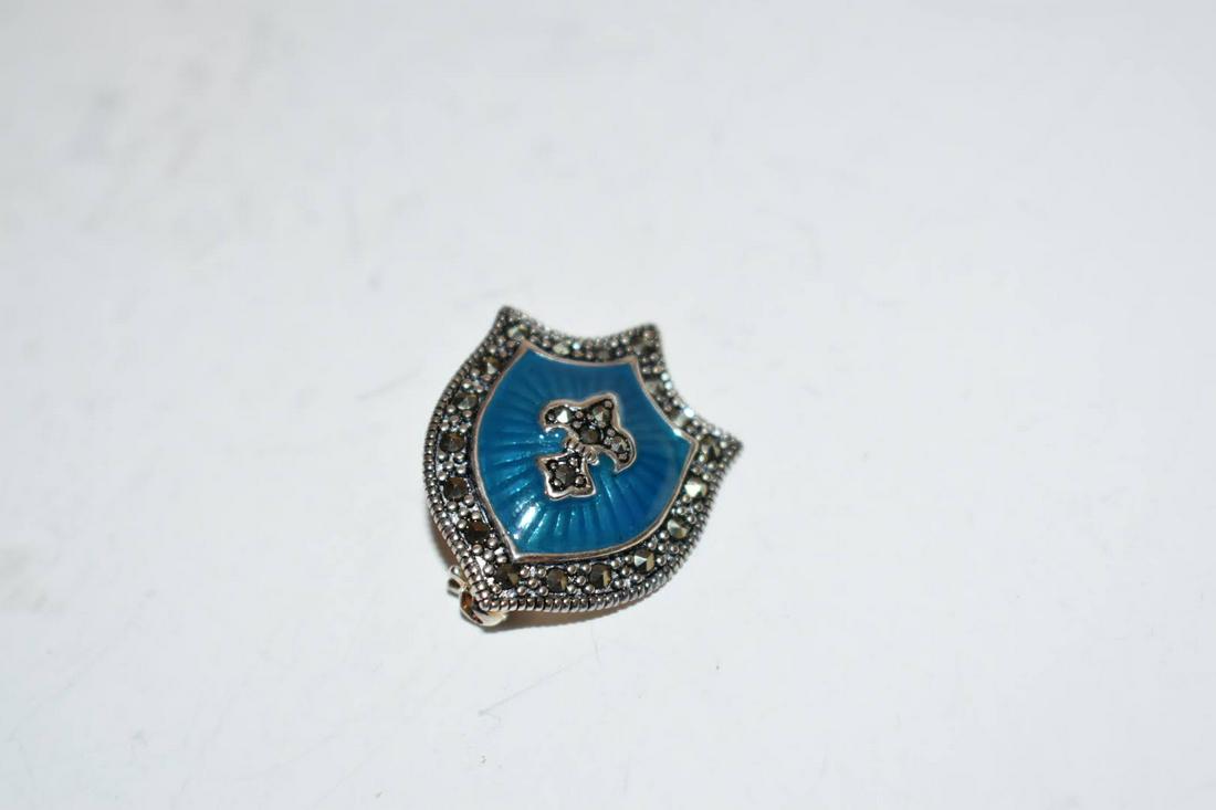 Vintage sterling silver marcasite blue enamel brooch shield (1 of 3)