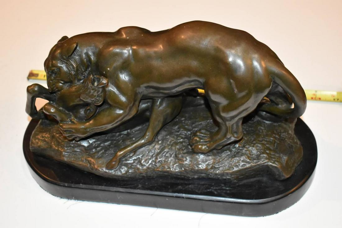 Signed BARYE Lion Hunting and Eating Deer Bronze Statue 15 x 8 inches Nice!!! (1 of 8)