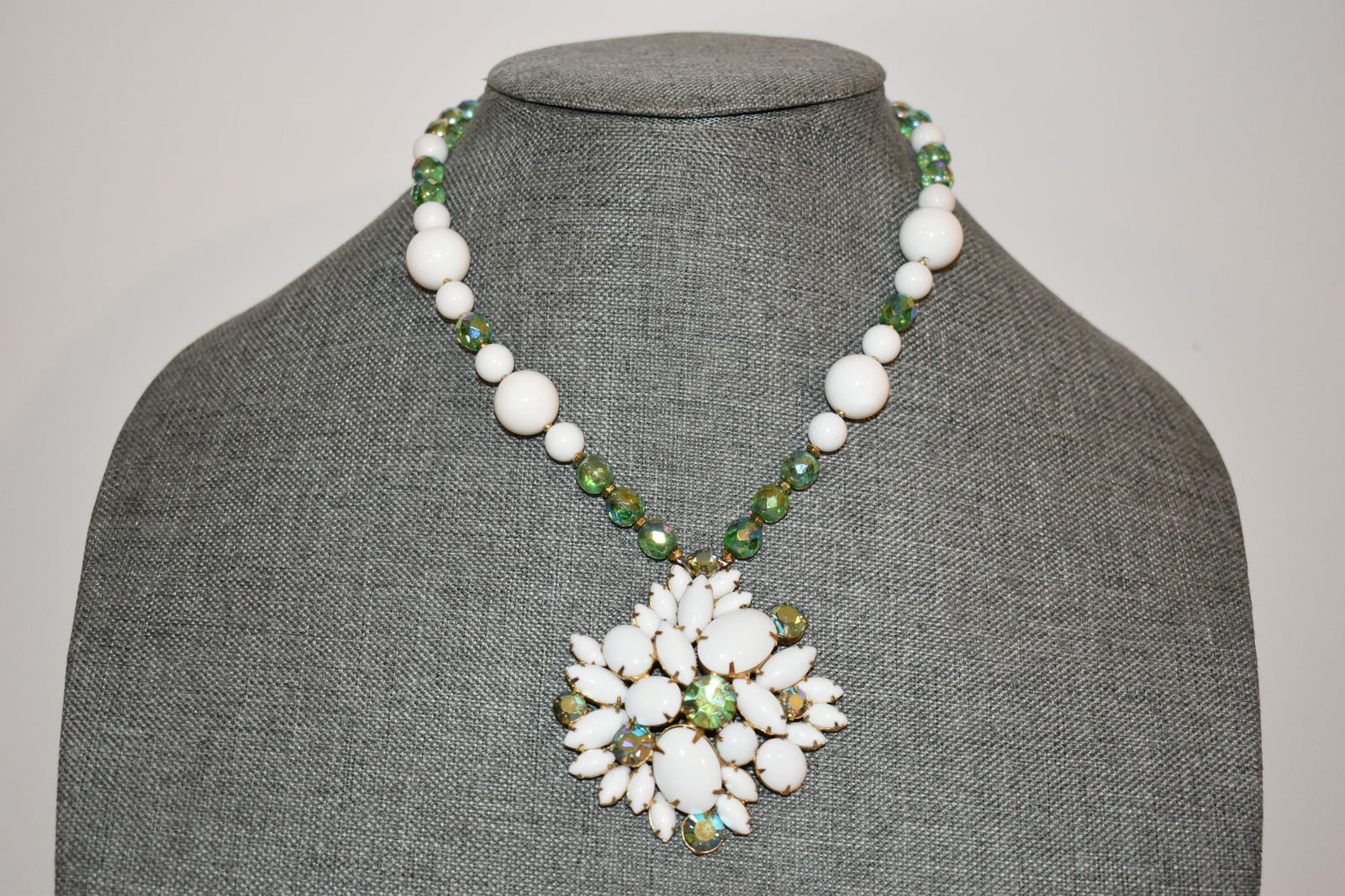 Vintage Milk Glass & Iridescent Rhinestones Necklace Brooch 16" (1 of 4)