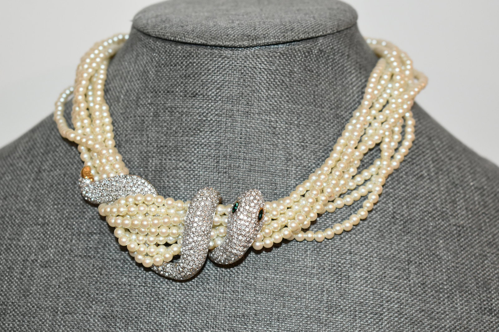 vintage pearl beaded rhinestone green eyed snake pendant necklace crown hallmark on snake (1 of 5)