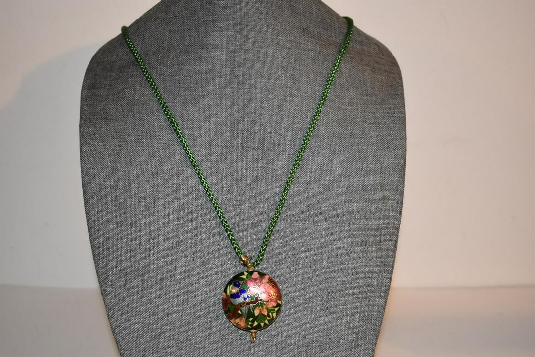 Vintage Cloisonne Flower Floral & Brass Necklace Locket Pendant 28" (1 of 3)