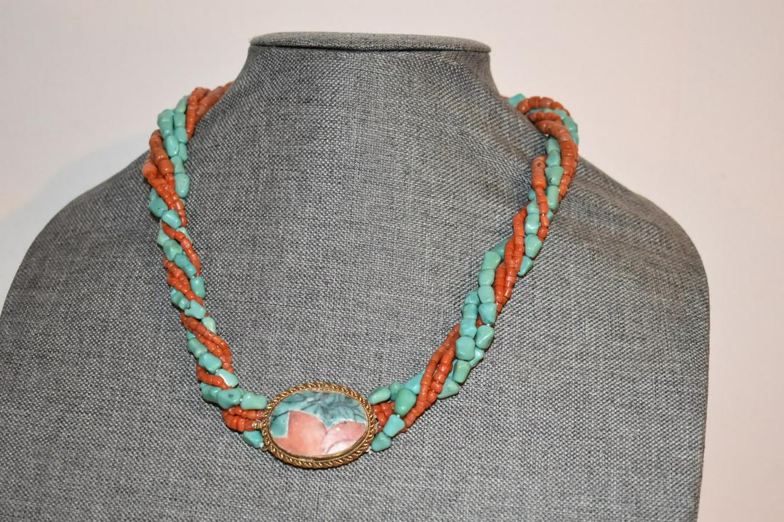 Vintage Turquoise Coral Sterling Silver Necklace 18" (1 of 8)