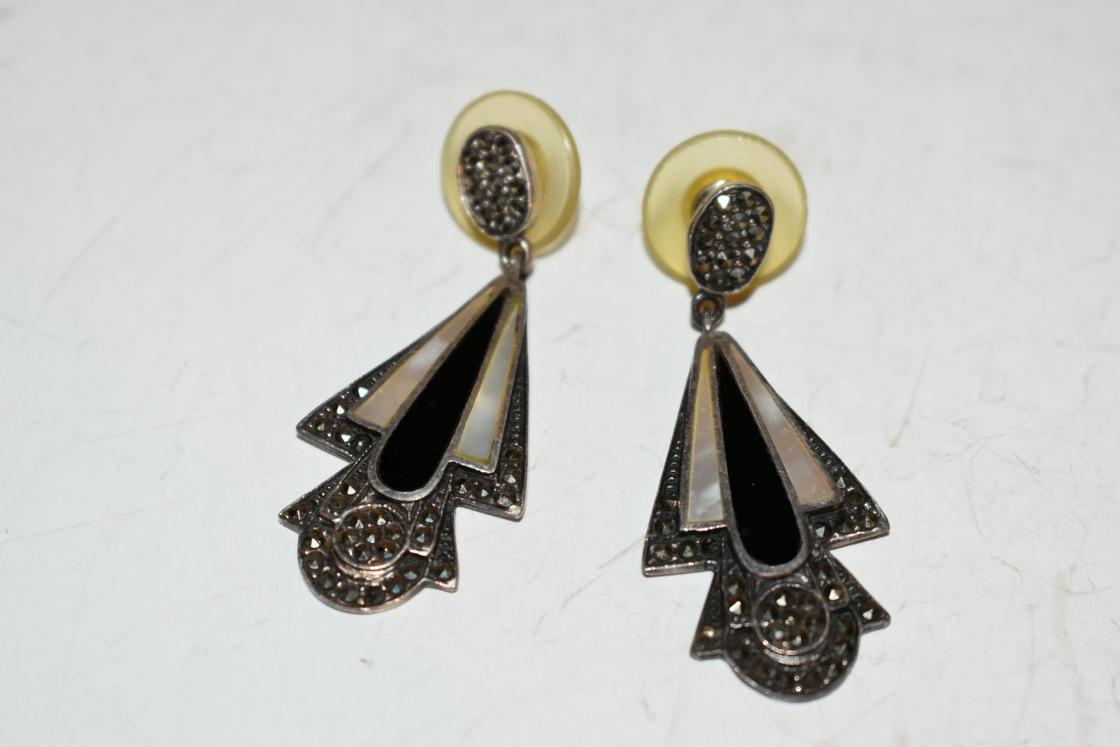 Vintage sterling Silver mother of pearl marcasite Earrings: Vintage sterling Silver mother of pearl marcasite Earrings Please view all photos as they are part of the description and condition of this Item, Feel free to contact me with questions or picture requ
