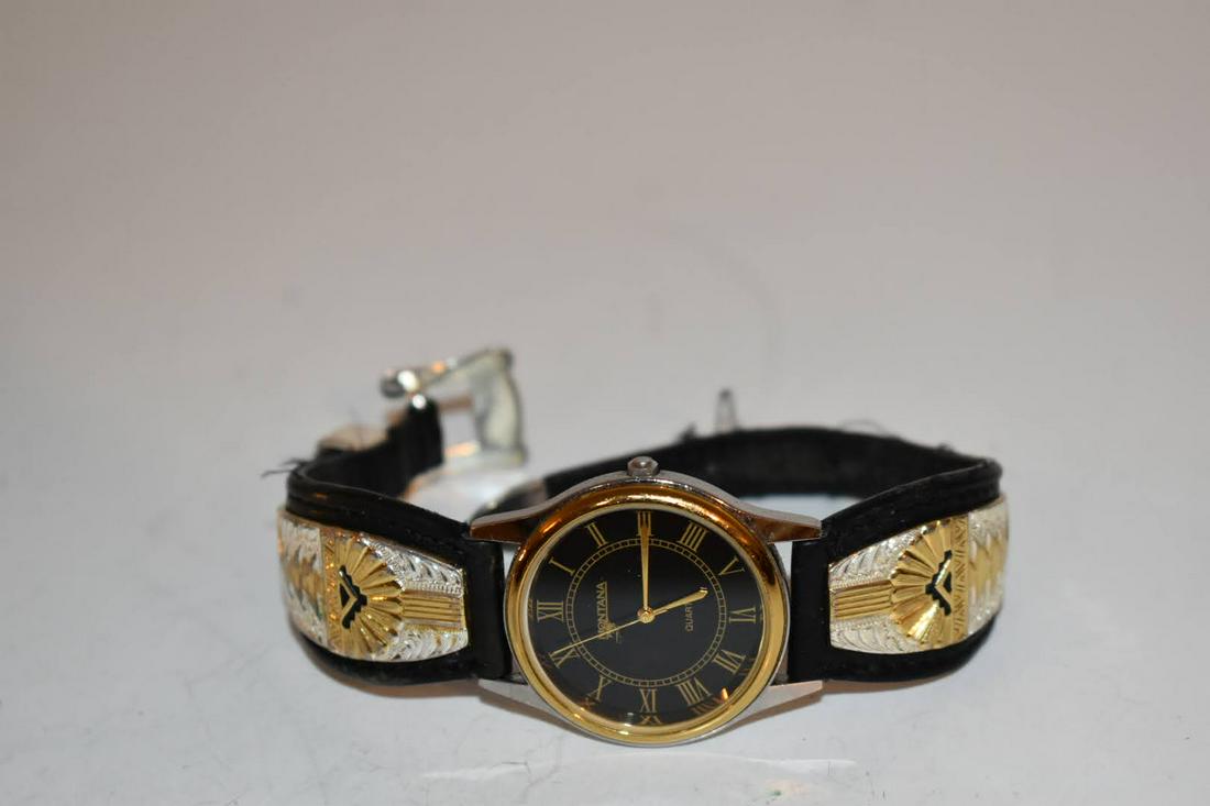 Montana Silversmiths Watch Gold Silver Plate Black Leather VTG (1 of 5)