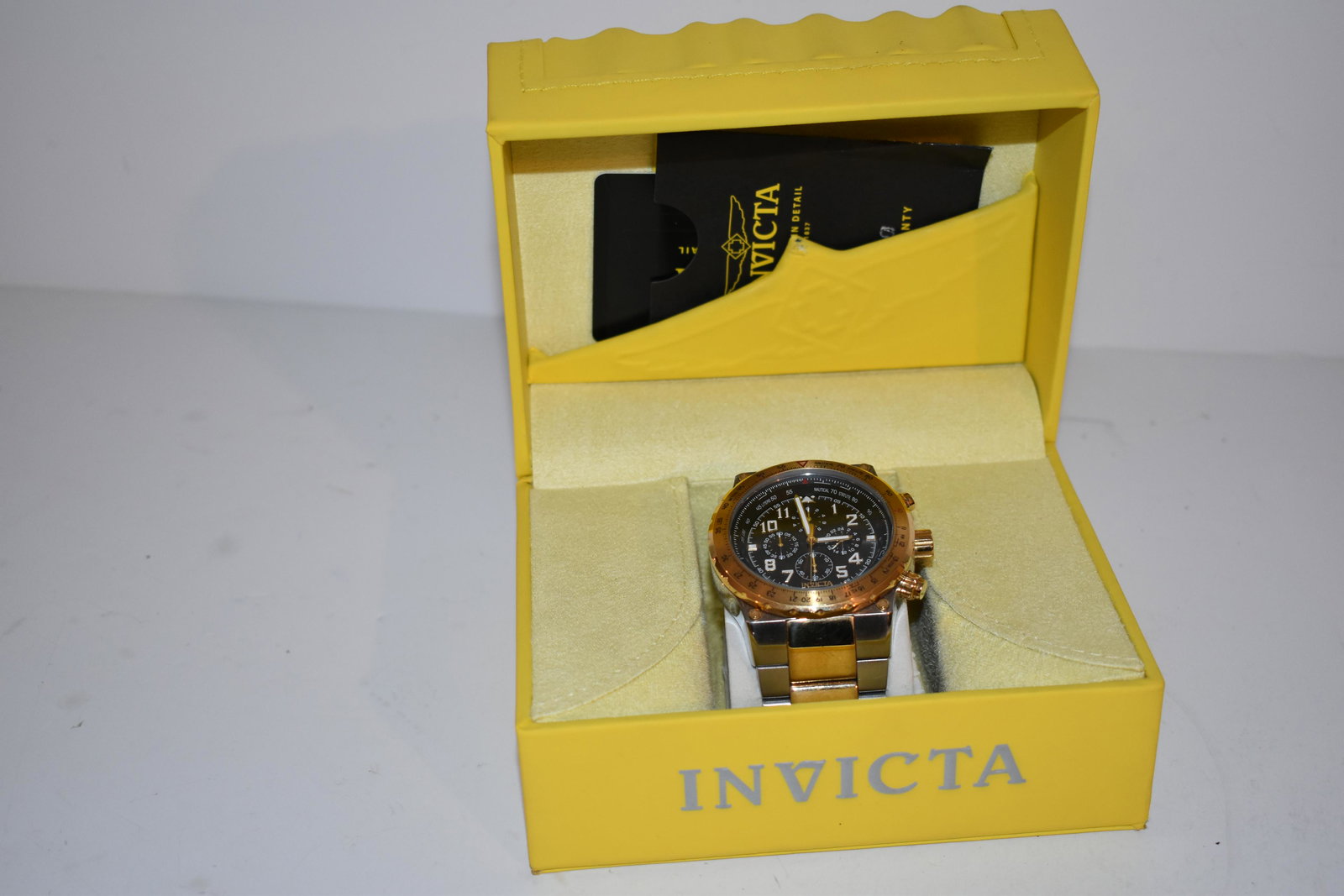 Invicta Men's Watch Aviator Chronograph Black Dial Two Tone Bracelet Works Great!!!: Invicta Men's Watch Aviator Chronograph Black Dial Two Tone Bracelet Works Great!!! Please view all photos as they are part of the description and condition of this Item, Feel free to contact me with