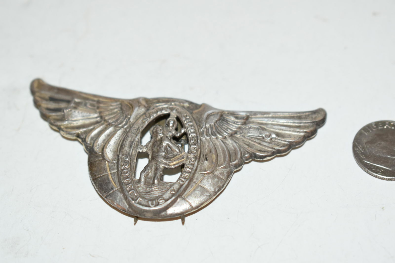 vintage sterling saint christopher protect us badge 3" (1 of 4)