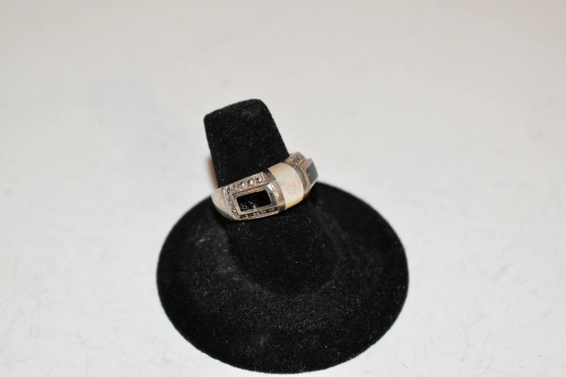 Vintage Sterling Silver Marcasite Onyx mother of pearl Ring sz 7.6: Vintage Sterling Silver Marcasite Onyx mother of pearl Ring sz 7.6 Please view all photos as they are part of the description and condition of this Item, Feel free to contact me with questions or pict