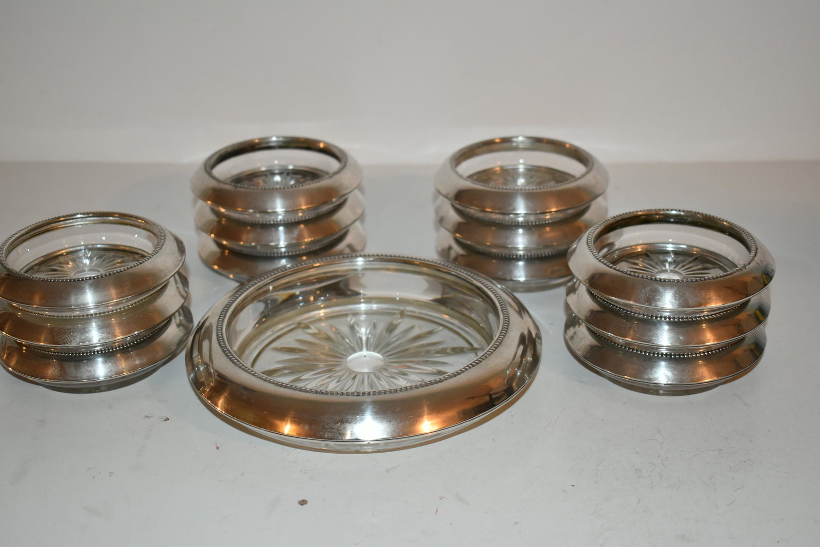 Frank M. Whiting Co Sterling Wine Bottle Coaster set 13: Frank M. Whiting Co Sterling Wine Bottle Coaster set 13 Please view all photos as they are part of the description and condition of this Item, Feel free to contact me with questions or picture request