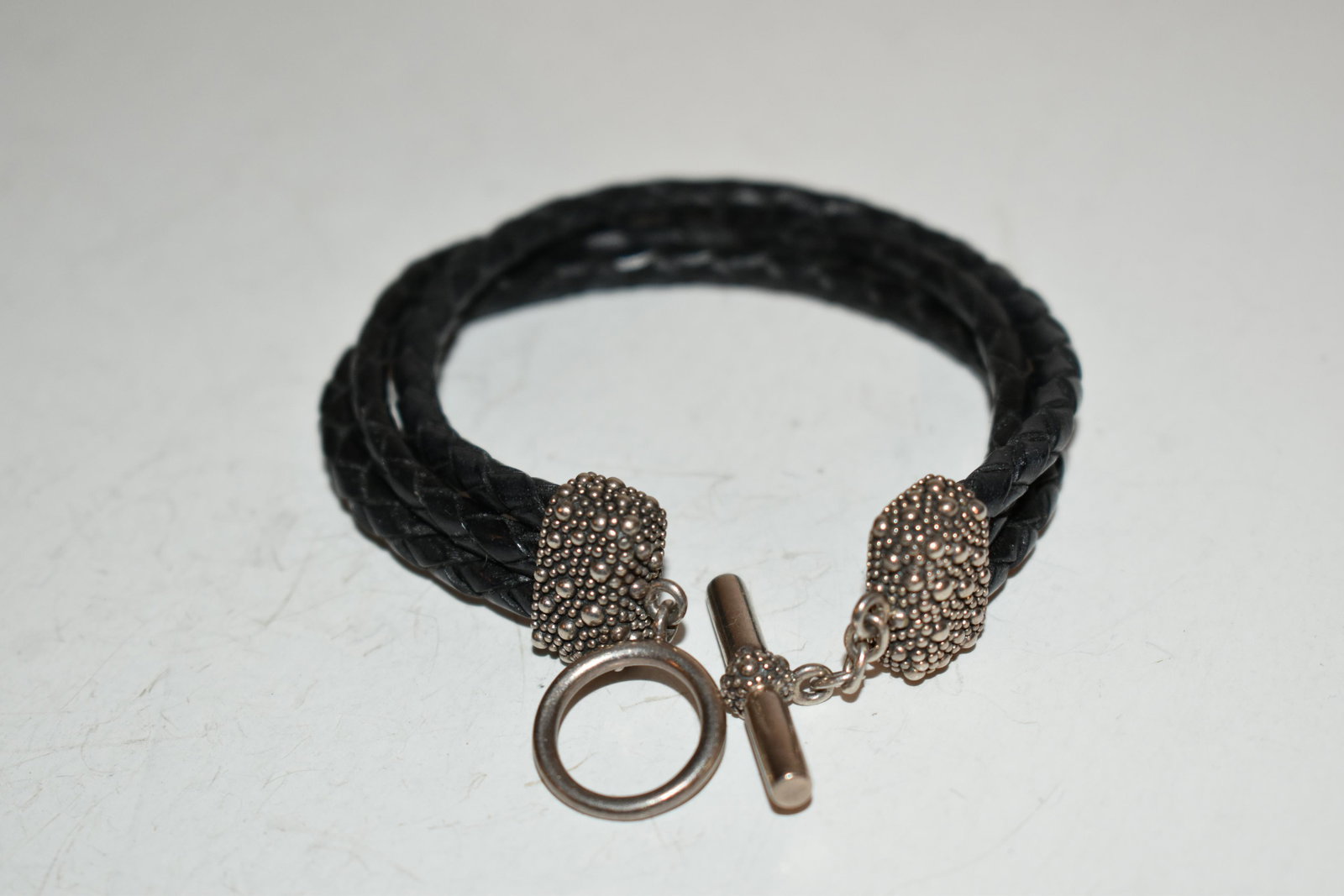 Michael Dawkins Sterling 3 Strand Black Leather Starry Night Toggle Bracelet 7" (1 of 3)