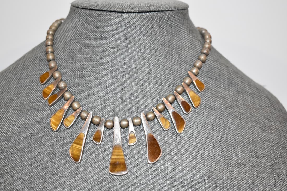 Vintage Sigi Taxco Mexican Sterling Silver & Tigers Eye Beaded Necklace Choker 16" (1 of 6)