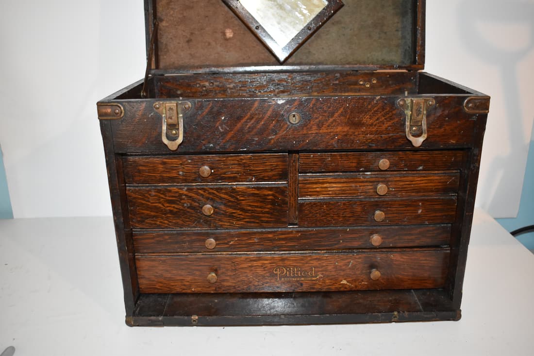 Antique Wood Machinist Tool Box Chest 7 Drawer Pilliod