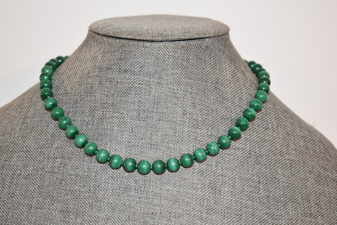 14K Yellow Gold Malachite Beaded Gold Small Bead Necklace 15" 55grams (1 of 4)