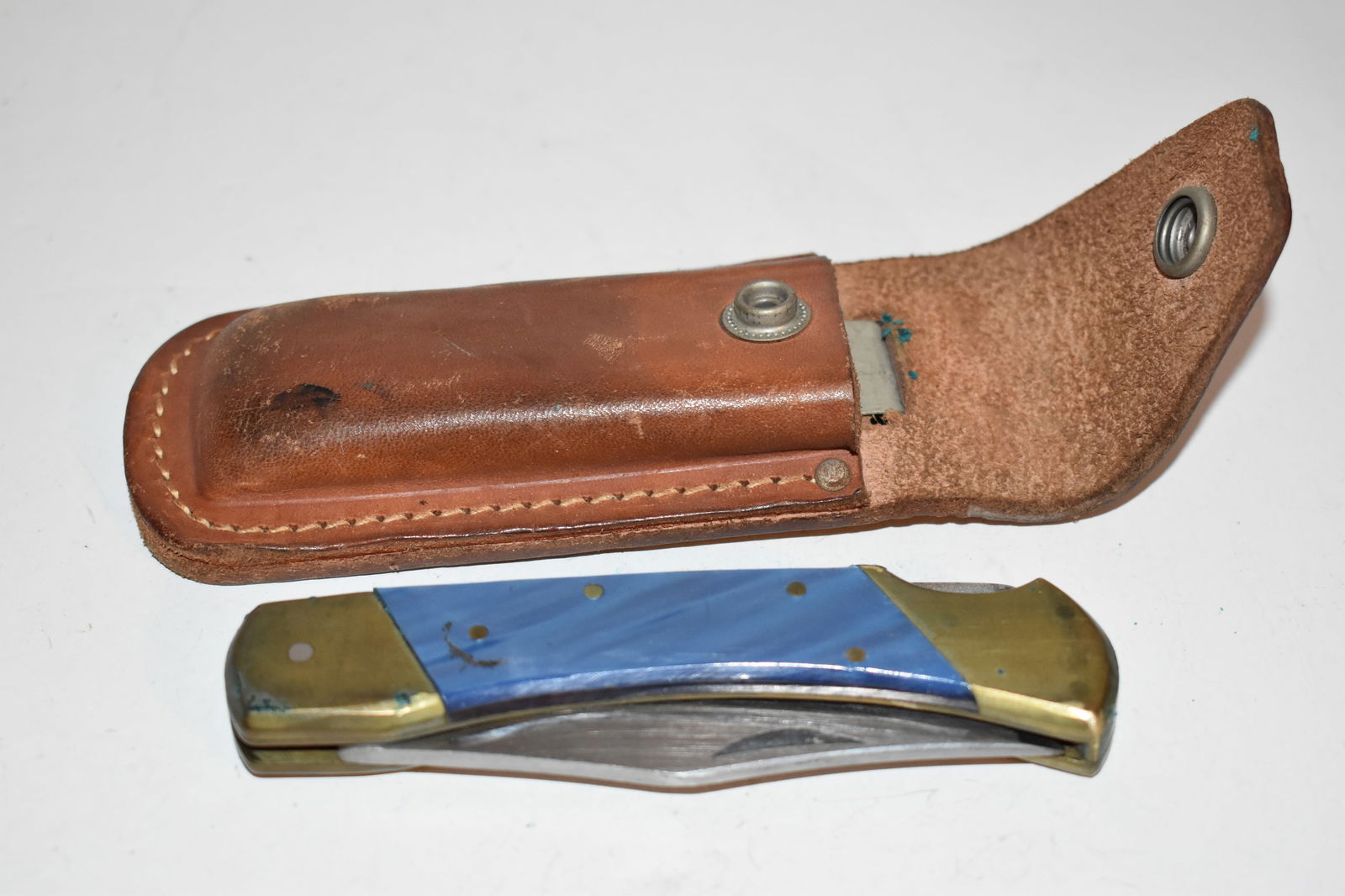 Folding Knife Pocket knife Blue Handle with Leather Case Pakistan Vintage (1 of 4)