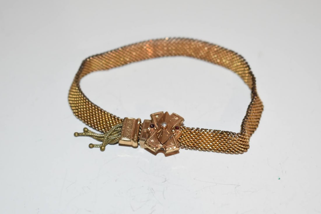 antique wew&co. gold filled mesh slide tasske bracelet adjustable (1 of 4)