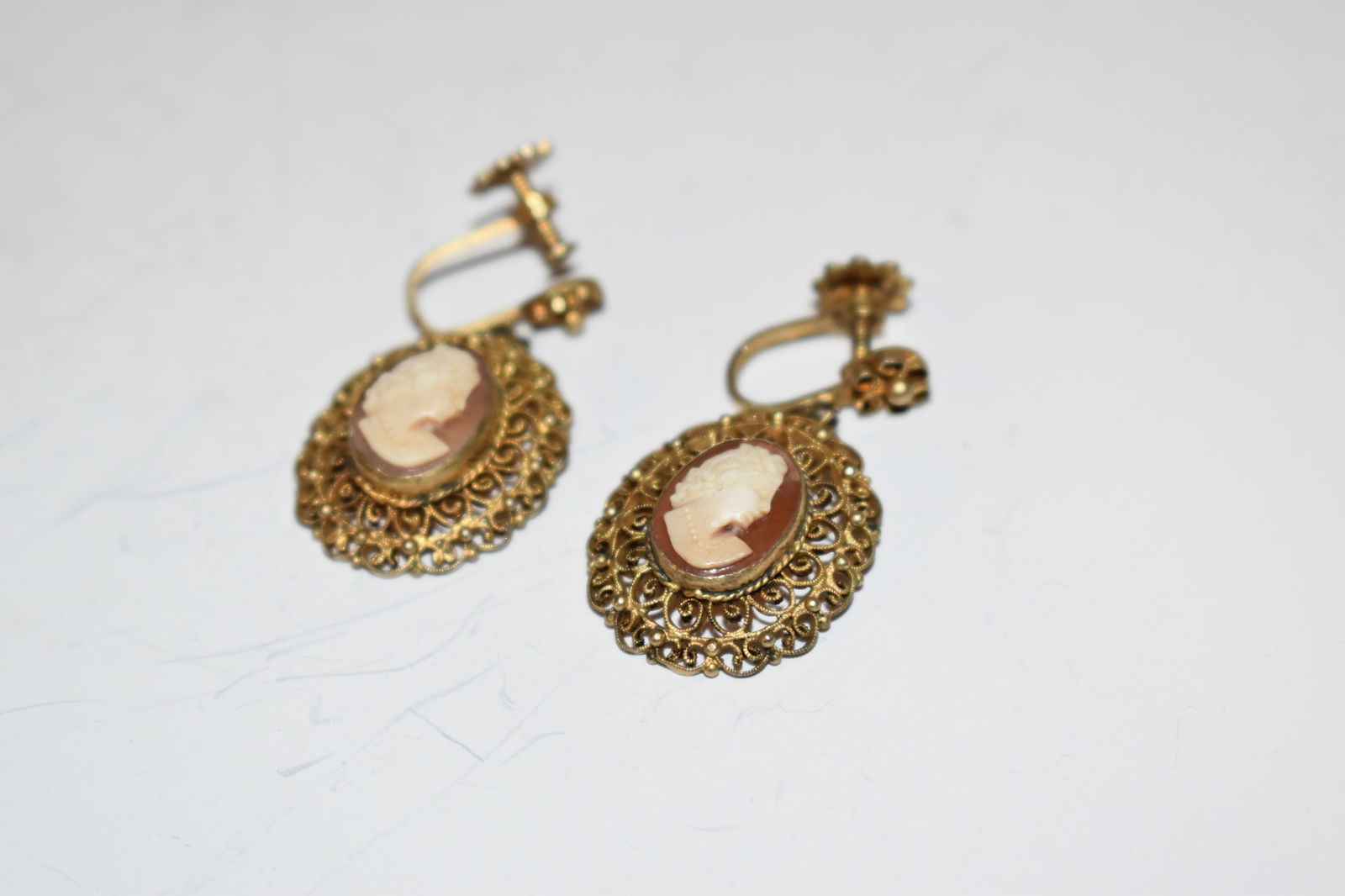 Vintage marked 800 Silver filigree earrings Carved shell cameo (1 of 4)