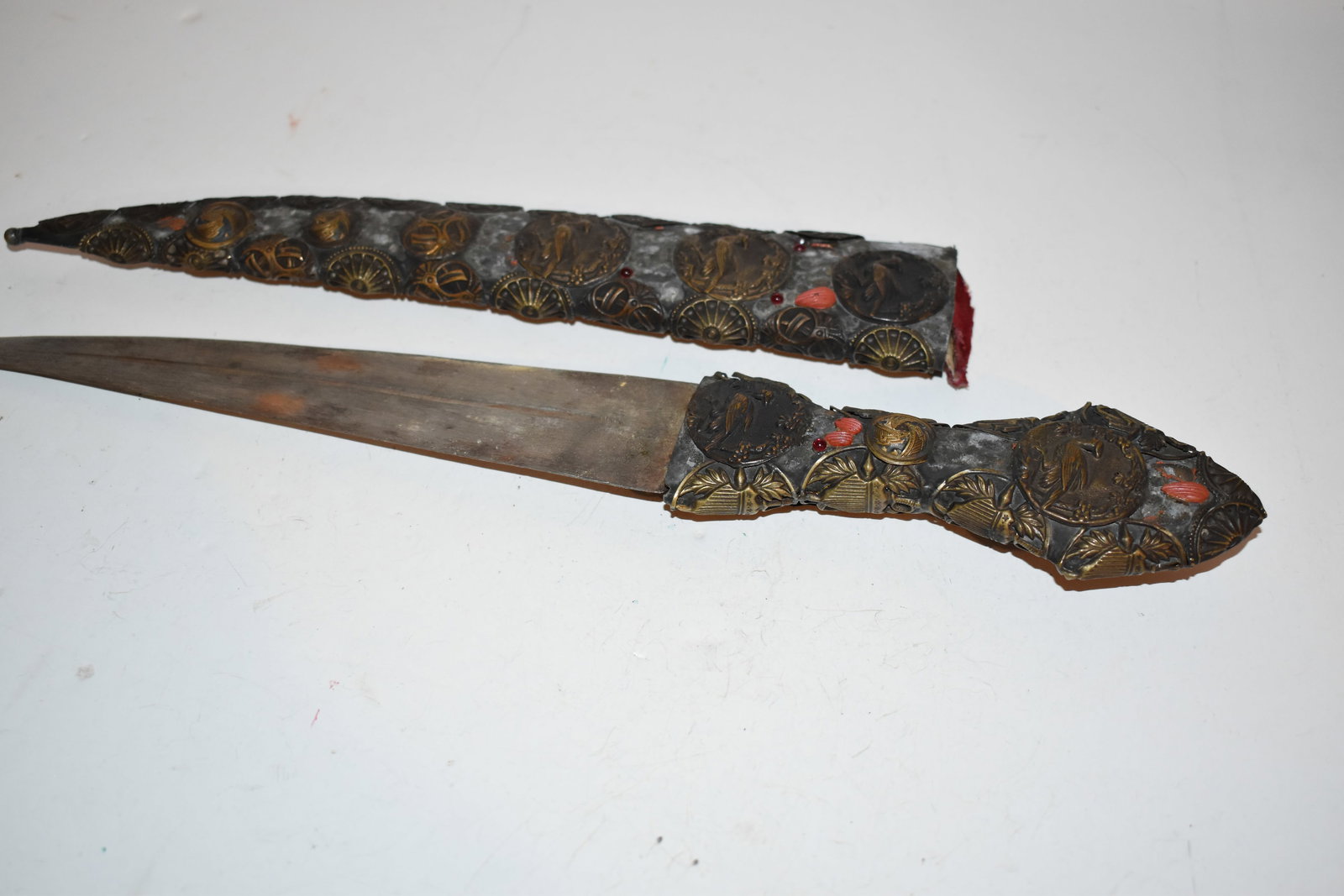 RARE antique 1800's figural gilt bronze dagger knife sheath missing some gilt (1 of 5)