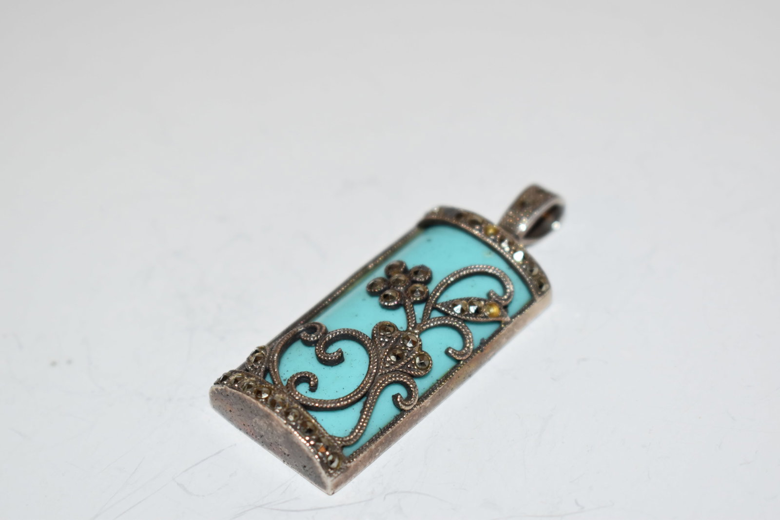 Vintage Sterling Silver marcasite Turquoise Pendant: Vintage Sterling Silver marcasite Turquoise Pendant Please view all photos as they are part of the description and condition of this Item, Feel free to contact me with questions or picture requests! U