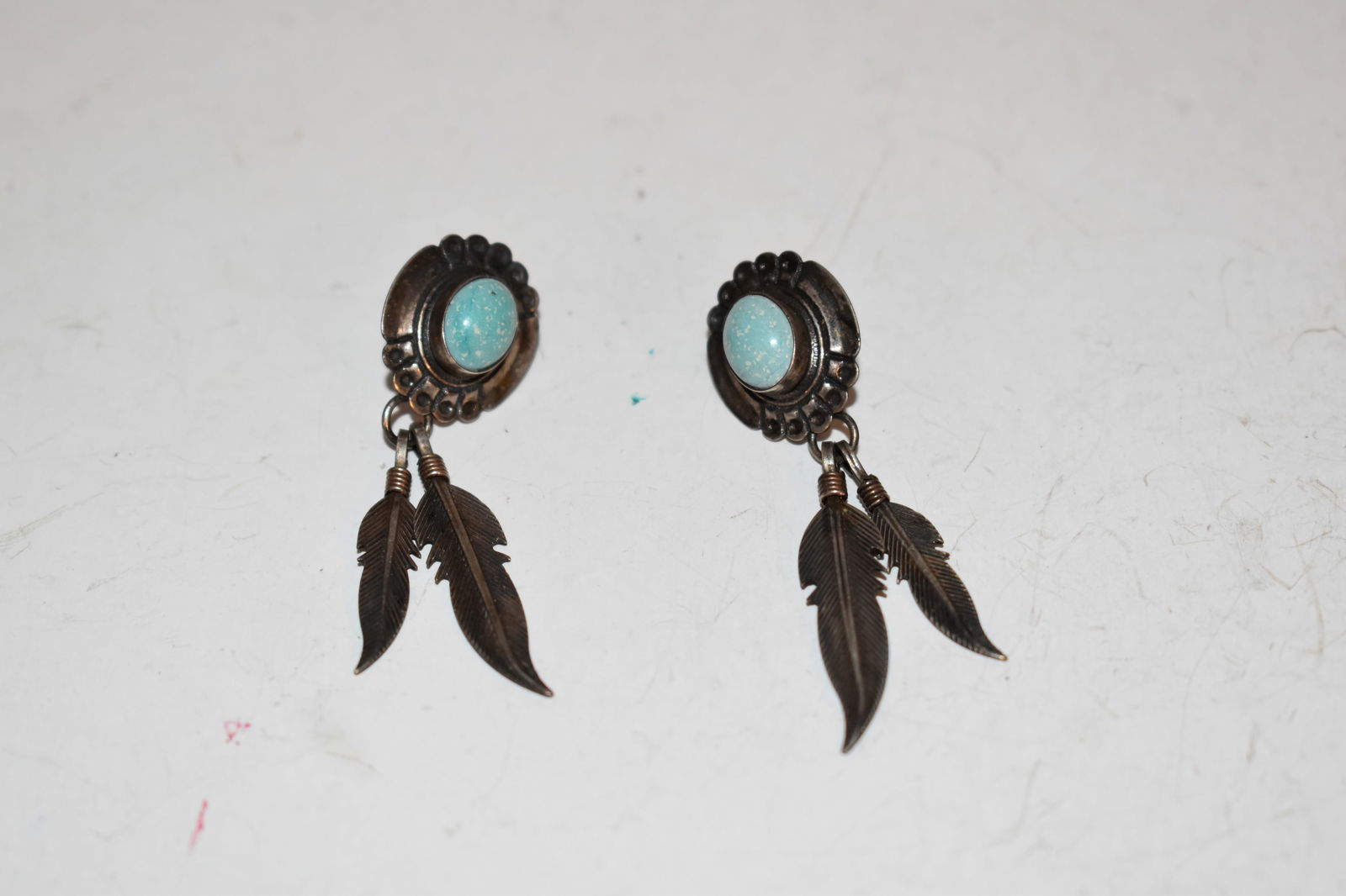 Vintage Navajo Turquoise Sterling Silver Feather Dangle Earrings (1 of 4)