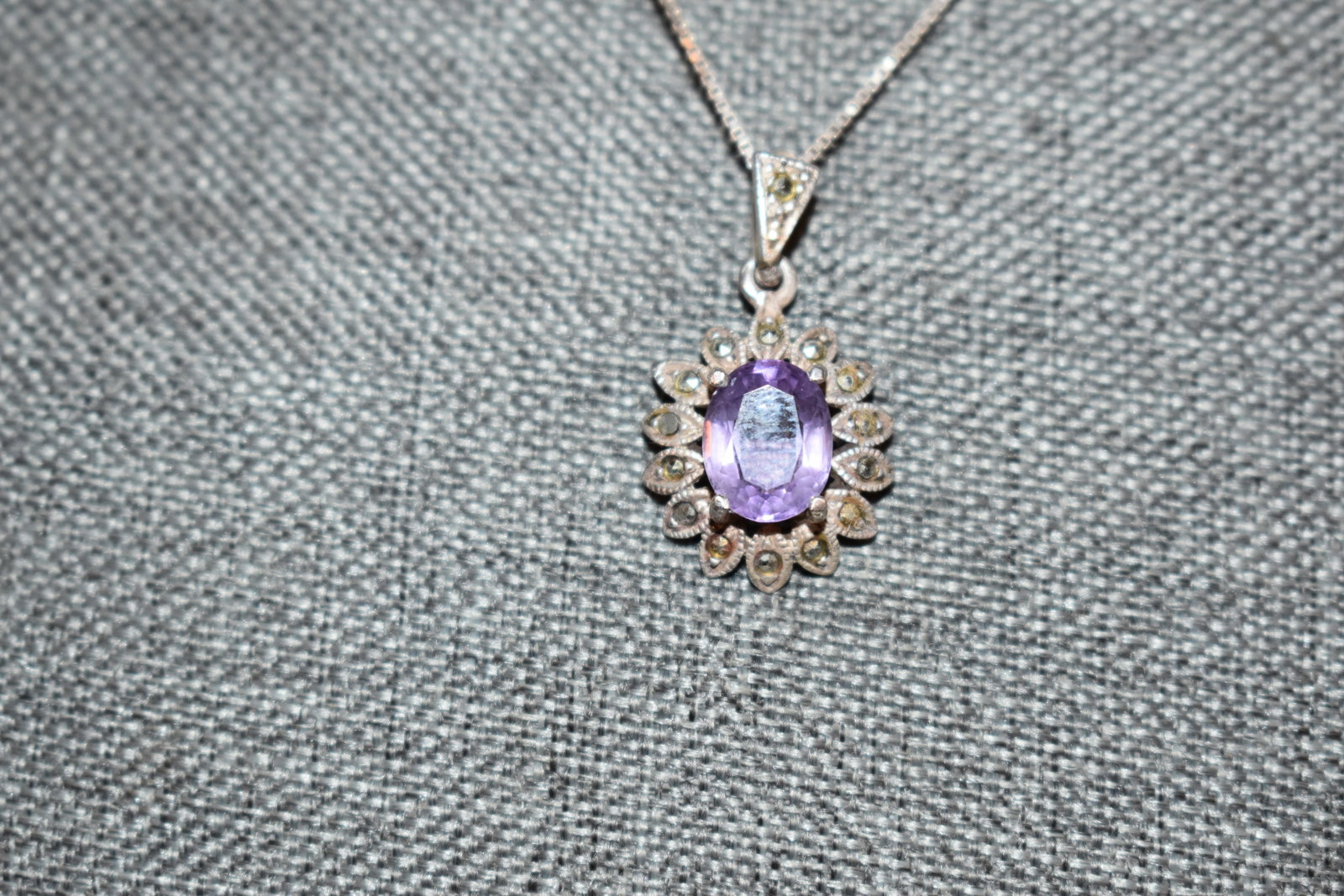 Vintage Sterling Silver Amethyst marcasite pendant Necklace 18": Vintage Sterling Silver Amethyst marcasite pendant Necklace 18" Please view all photos as they are part of the description and condition of this Item, Feel free to contact me with questions or picture