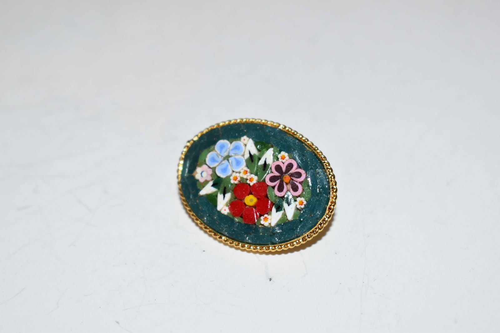 Italian Micro Mosaic Brooch Pin Floral Flowers Green Blue Gold Tone Vintage (1 of 3)