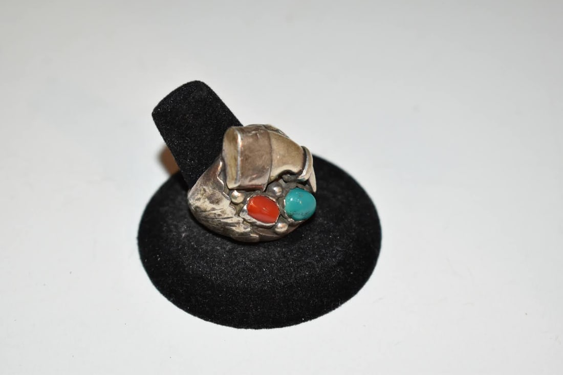 Vintage Native American Navajo Turquoise Coral Sterling Silver Men's Ring 10 (1 of 5)