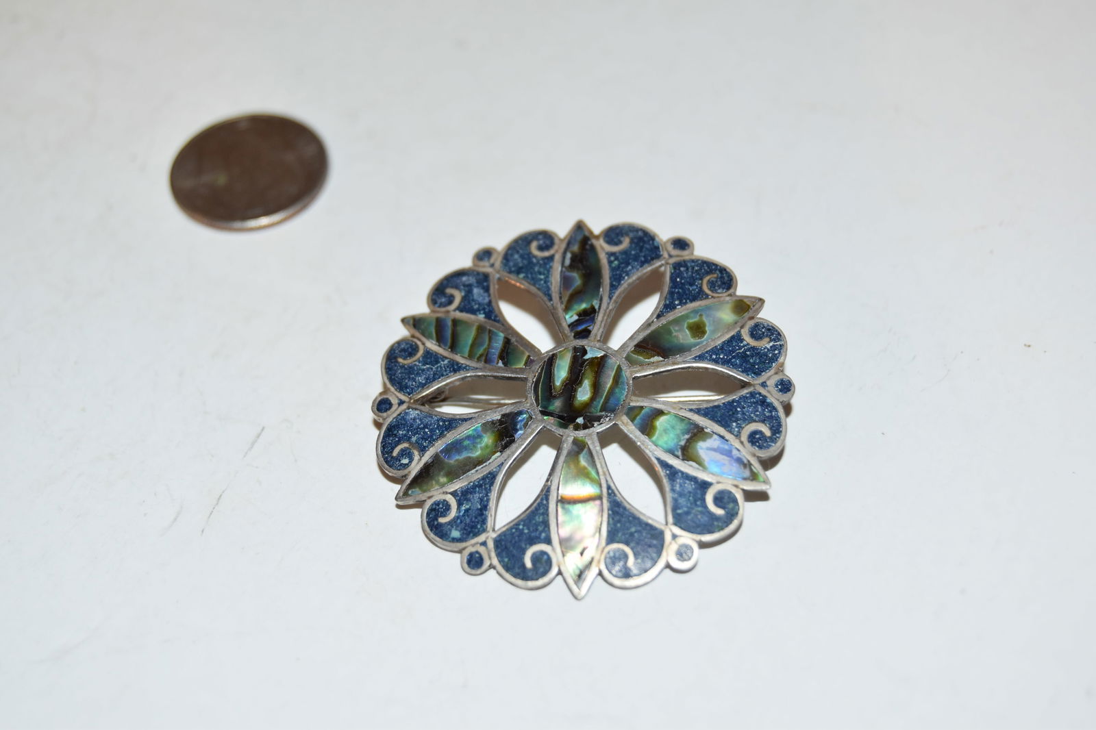 Vintage Sterling Silver Abalone MOP Inlay Round Flower Pin Brooch Pendant Taxco (1 of 4)