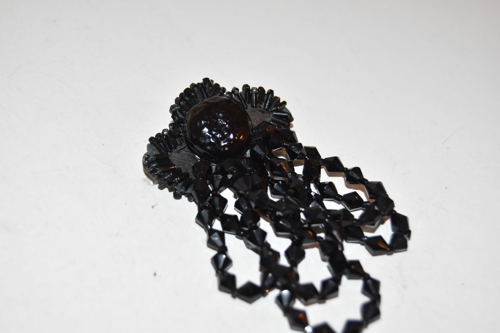 Vintage LARGE Beaded signed Miriam Haskell Black Rhinestone Pin Brooch Flower 3 1/2" (1 of 5)