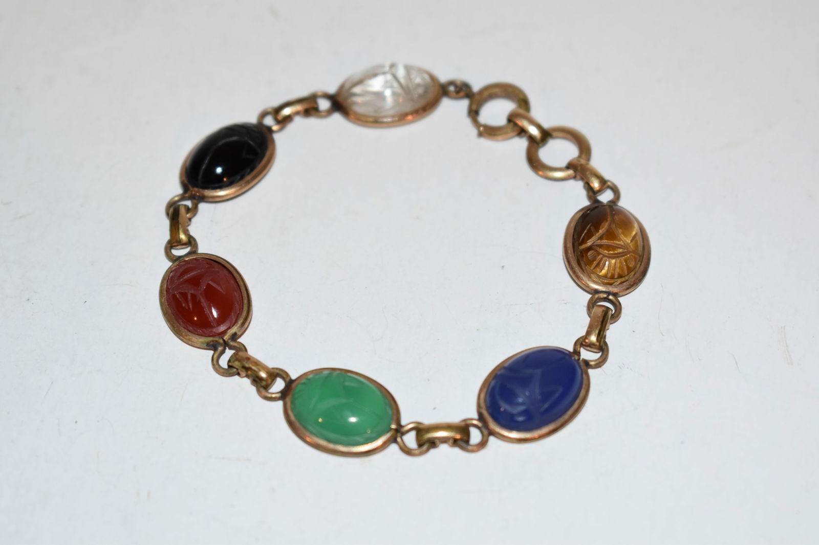 Carved Scarab Beetle 6 Semi-Precious Gemstones Bracelet 12k Gold Filled Egyptian 7" (1 of 4)