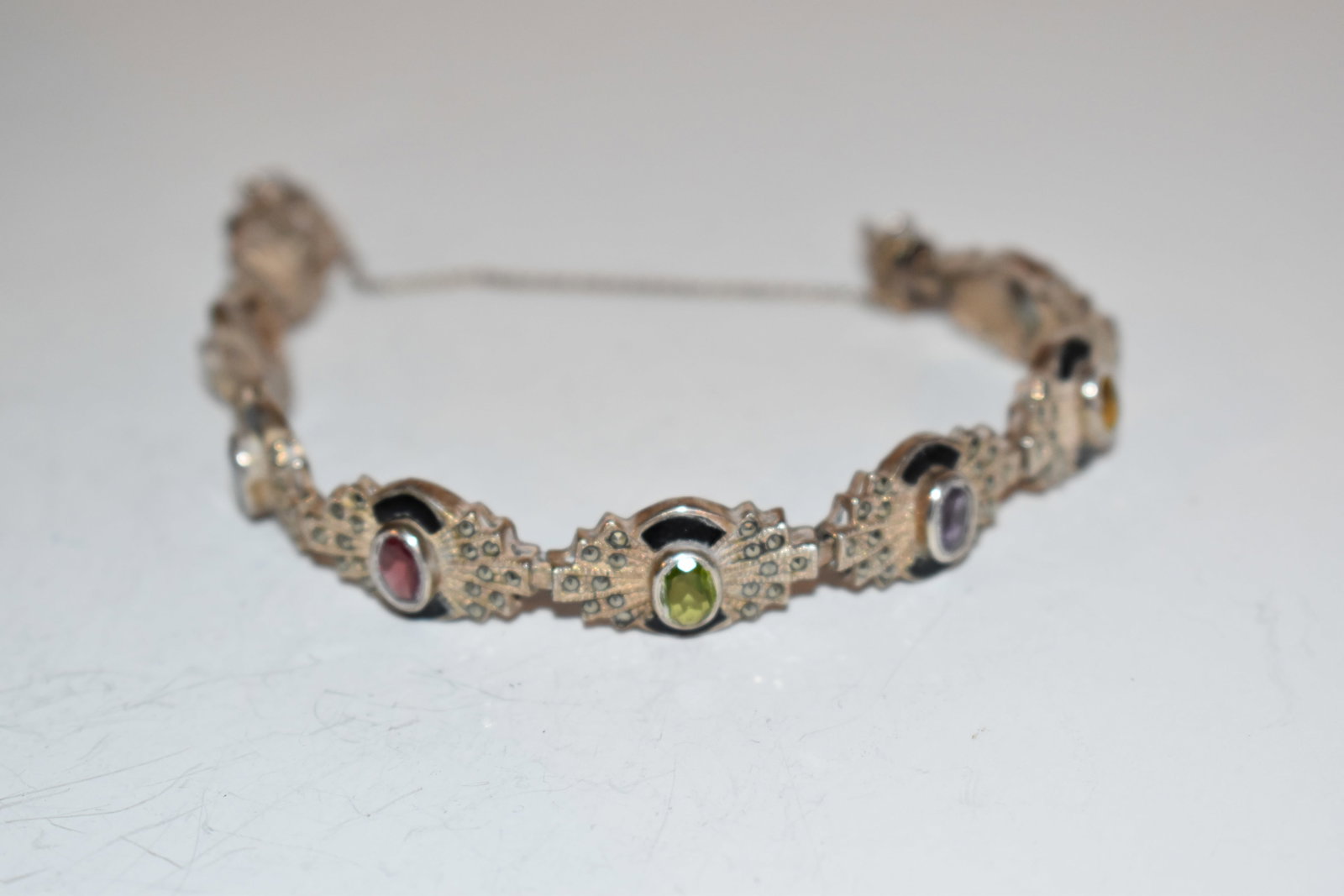 Vintage Sterling Silver gem stone marcasite Bracelet 7": Vintage Sterling Silver gem stone marcasite Bracelet 7" Please view all photos as they are part of the description and condition of this Item, Feel free to contact me with questions or picture request