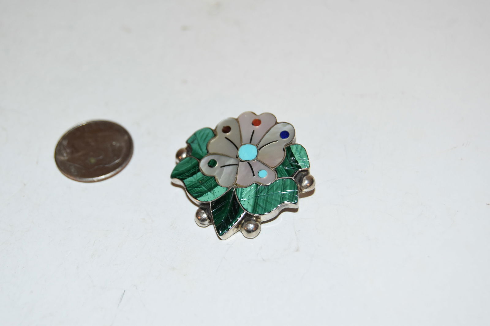 Vintage Zuni Native American Sterling MOP Turquoise Flower Brooch (1 of 4)