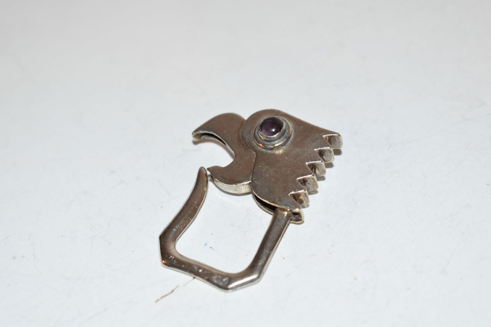 Vintage Mexico Sterling Silver Mechanical Bird Key Ring Amethyst Eyes can opener (1 of 4)